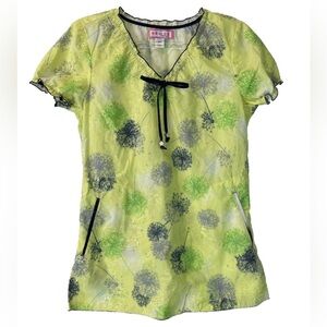 Koi Scrub Top Dandelion Floral Print Embroidered Short Sleeve Top Sz: XS